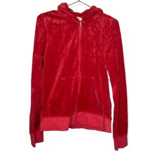 Juicy Couture Red Velour/Velvet Y2K Full-Zip Hooded Sweater Size Large